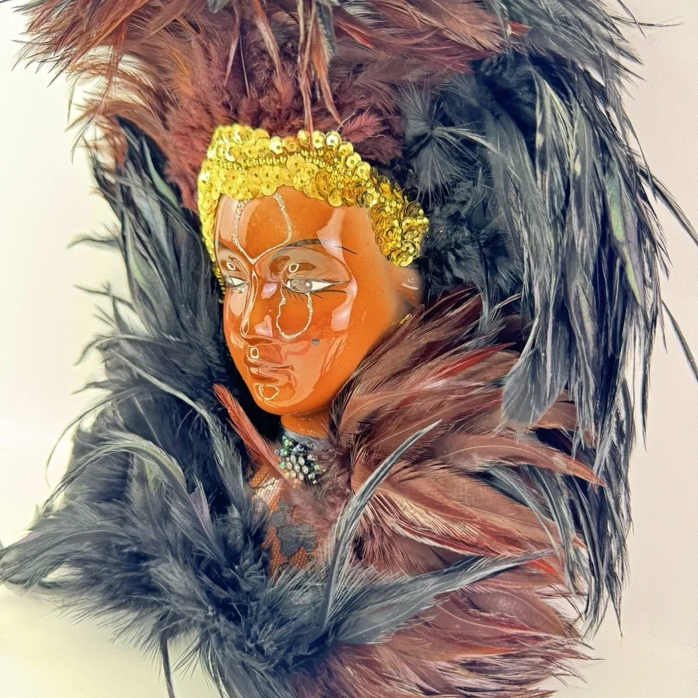 Vintage African American Porcelain Wall Mask Feather Headdress Black Queen